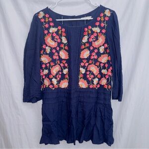 Anthropologie Floreat Luana Navy Blue Embroidered Boho tunic Top size 10